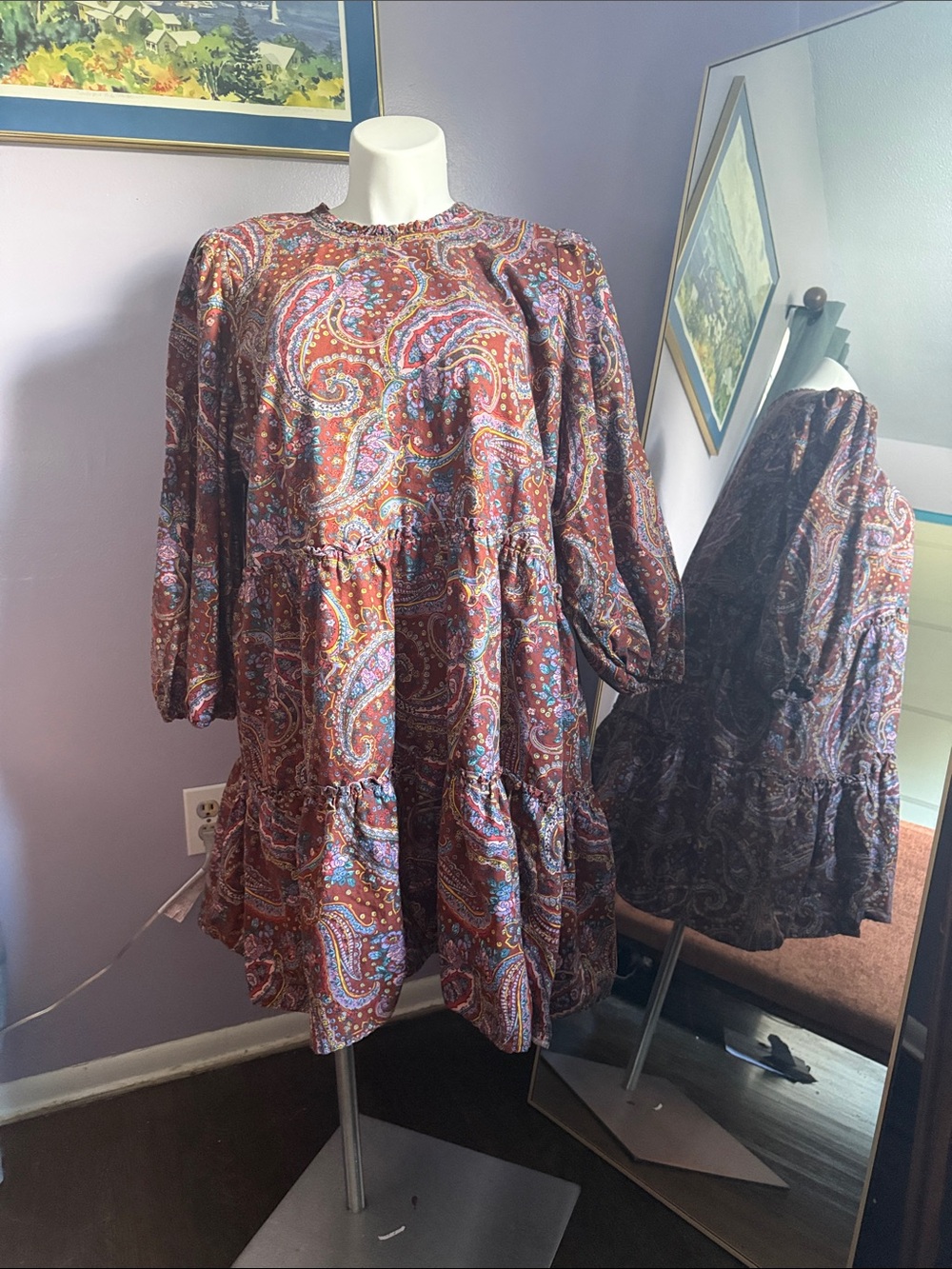 a.n.a Rust Multi Paisley Tiered Mini Dress